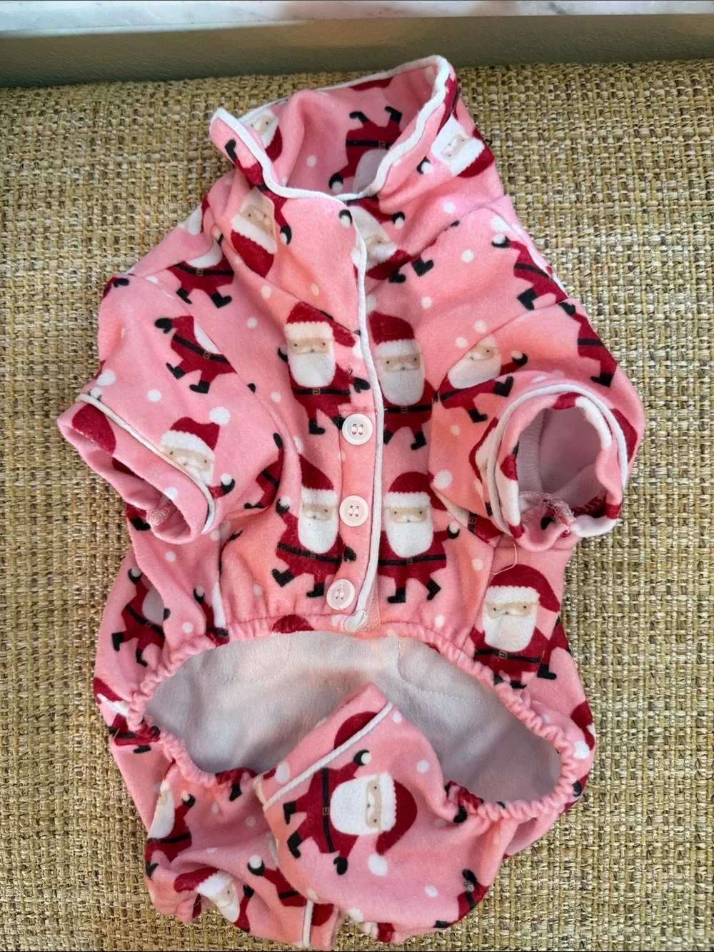 Pink Santa Print Fleece Dog Pajama Onesie